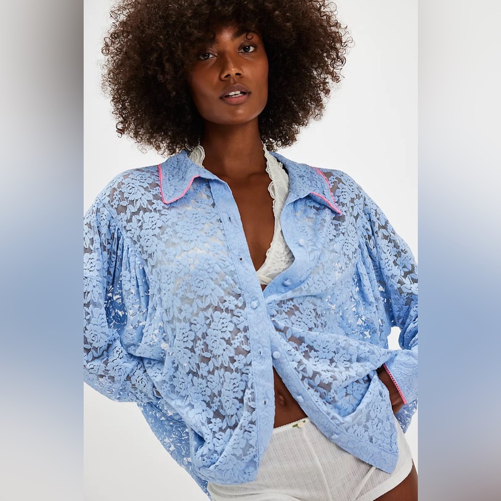 ▪️Free People Intimately Free All Day Floral Lace House Shirt Pink  M - Picture 6 of 16